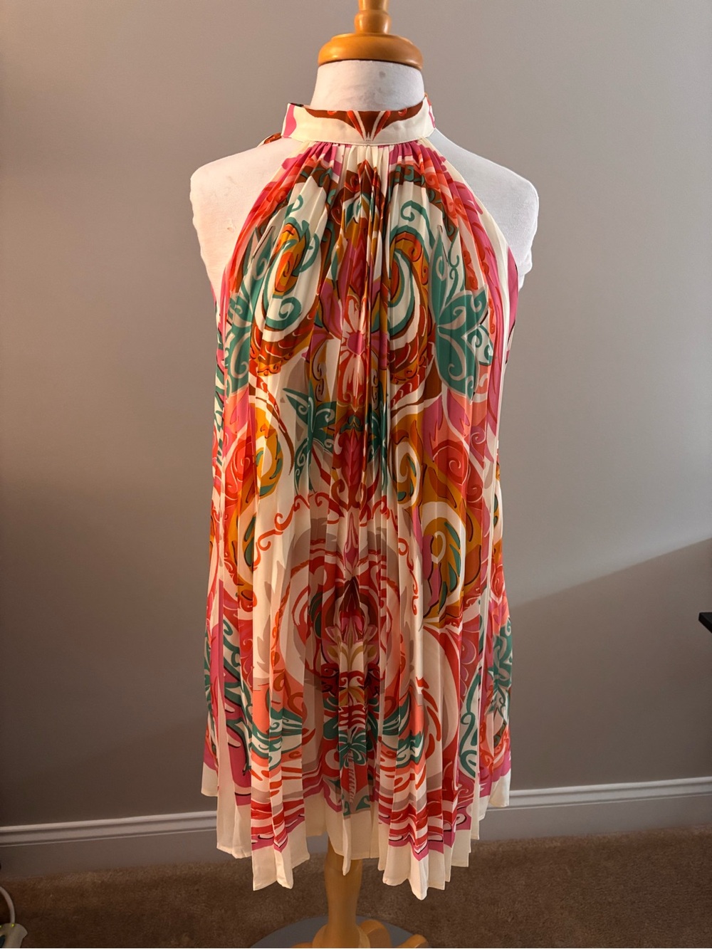 Colorful Halter Pleated Sundress - Pink, Teal & Orange Print